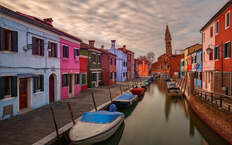 Burano, Venice, Canal, island, Venetian Lagoon, evening, sunset, beautiful buildings, Italy, HD wallpaper