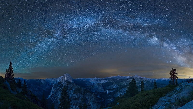 Milky Way, California, mountains, Yosemite national park, glacier point, sky, night, stars, trees, starry sky, HD wallpaper