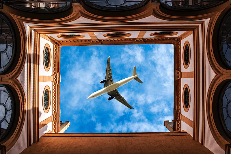building, sky, plane, architecture, bottom view, HD wallpaper