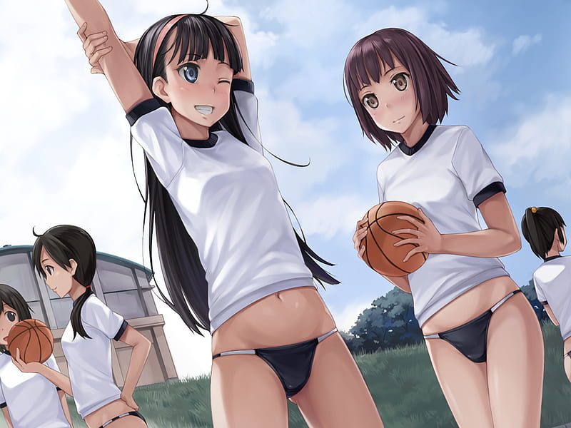 Let's Play, ball, gym uniform, anime, smile, girls, clouds, sky, sexy, HD wallpaper