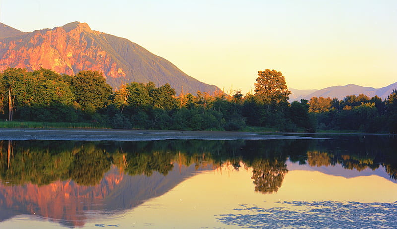 Snoqualmie Valley, Washington, reflections, usa, mountain, water, sunshine, sky, trees, HD wallpaper
