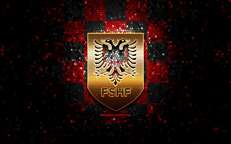 Albanian football team, glitter logo, UEFA, Europe, red black checkered background, mosaic art, soccer, Albania National Football Team, FCHF logo, football, Albania, HD wallpaper
