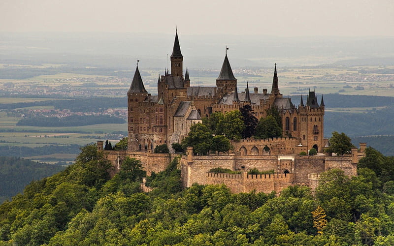 Hohenzollern Castle, Germany, architecture, rock, germany, trees, sky, windows, green, stone, peak, castle, landscape, HD wallpaper