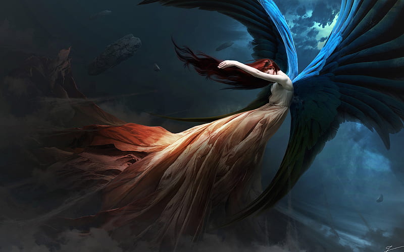 Fantasy Angel Redhead Wings, fantasy, angel, redhead, wings, artist, digital-art, HD wallpaper