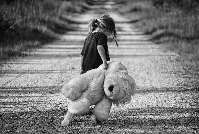 Grayscale graphy of Girl Holding Plush Toy, HD wallpaper