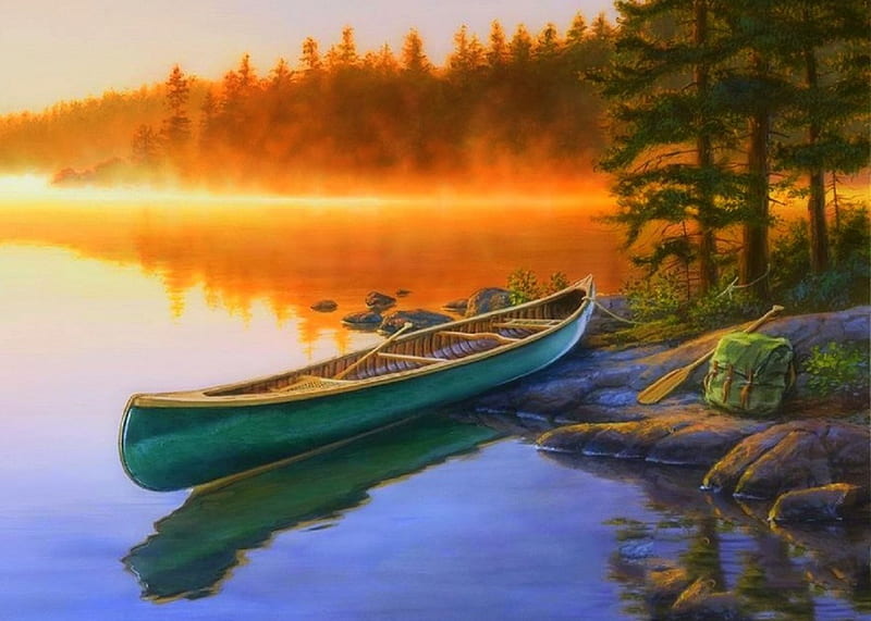 Fire Lake, lakes, colors, love four seasons, bonito, canoe, trees, boats, paintings, nature, HD wallpaper