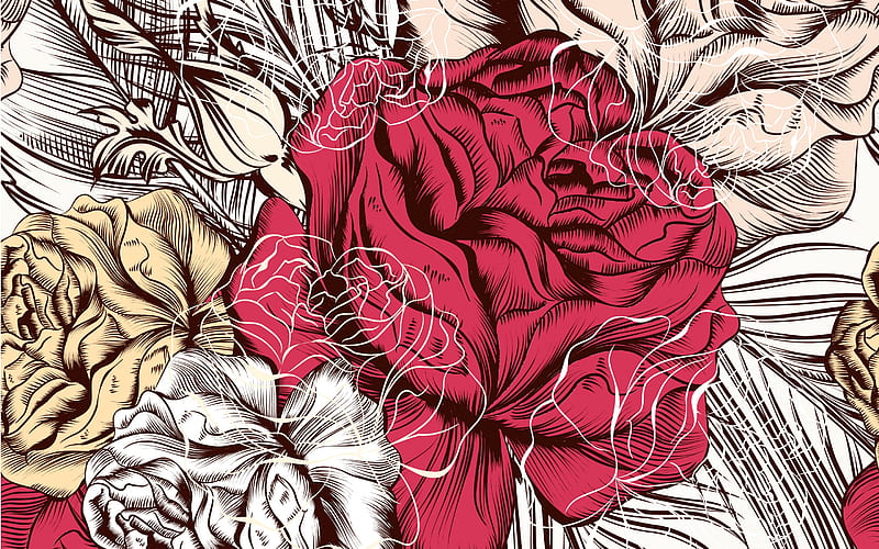 Texture, pattern, red, retro, rose, flower, paper, vintage, HD wallpaper