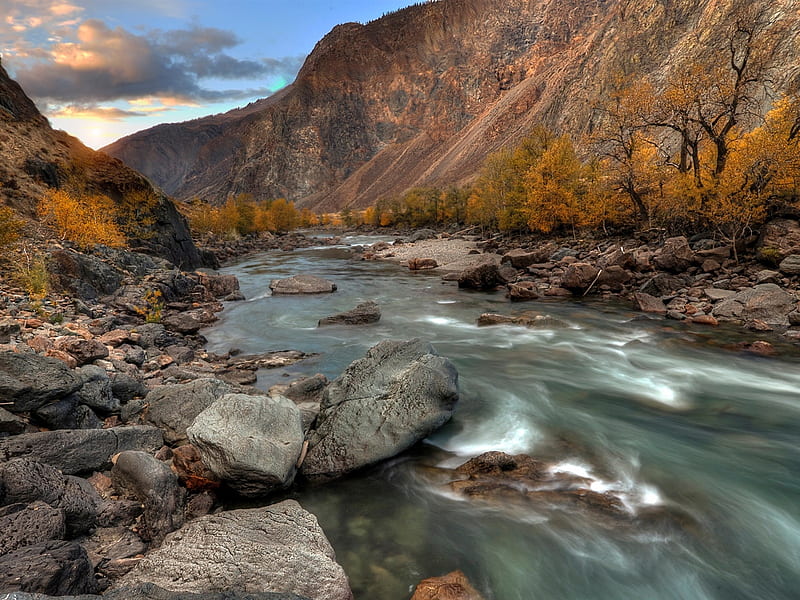 The Altai Mountains, stones, mountains, nature, river, altai, sky, HD wallpaper
