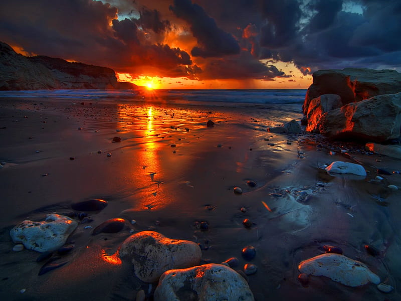 1920x1080px, 1080P free download | Sunset beach, rocks, glow, shore ...