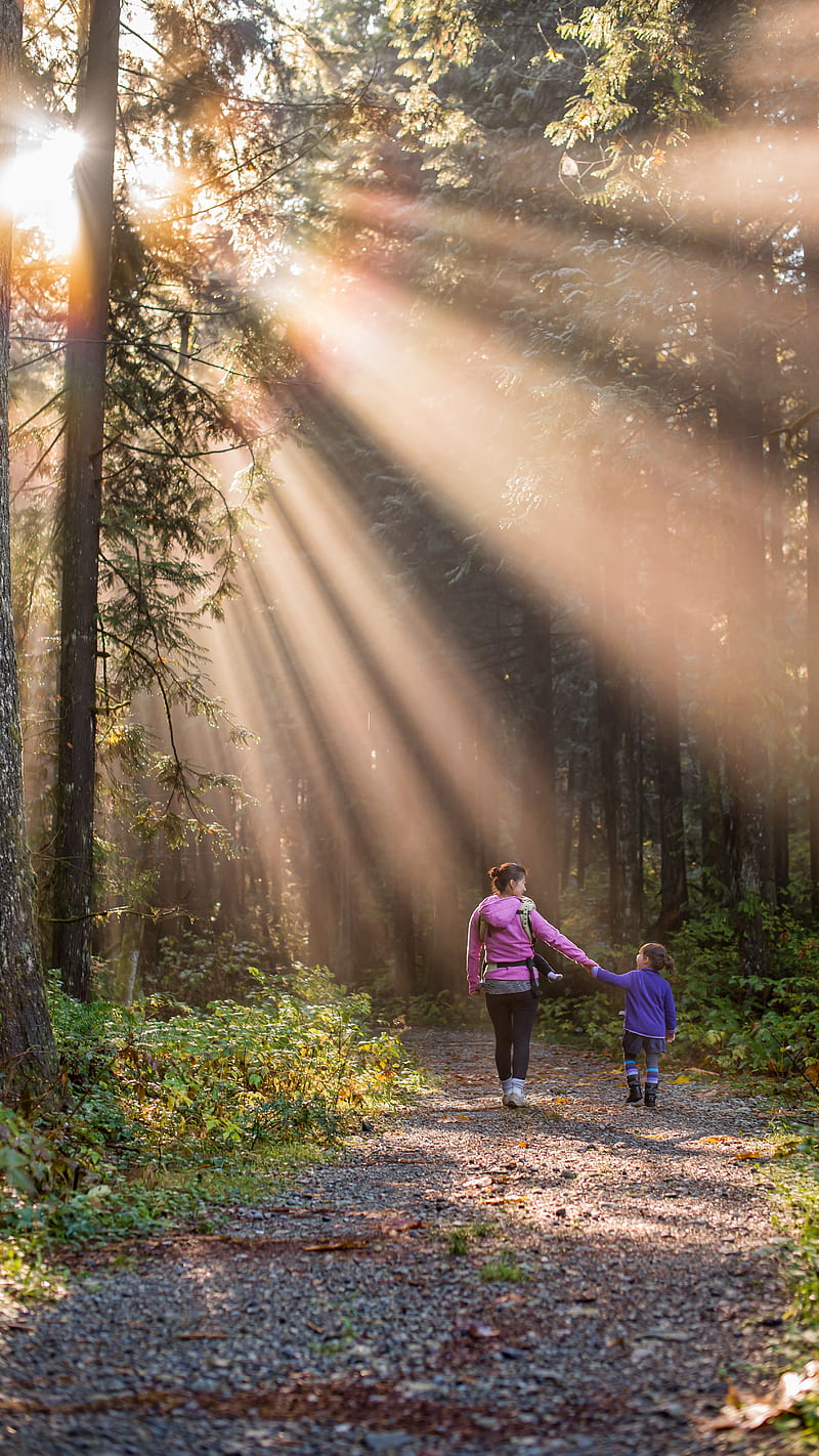 Mother and daughter walking in forest , sunrays, sun, nature, HD phone wallpaper