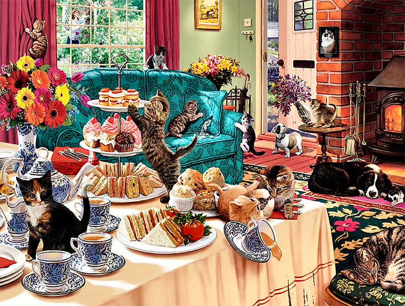 Teatime Terrors F, table, art, bonito, pets, illustration, artwork, animal, feline, canines, painting, wide screen, cats, dogs, HD wallpaper