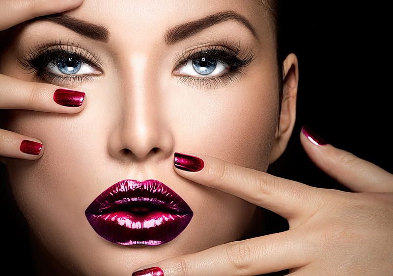 Face, model, manicure, background, fingers, lips, eyelashes, girl, eyes, HD wallpaper