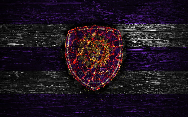 Orlando City FC, fire logo, MLS, violet and white lines, american football club, grunge, football, soccer, logo, Eastern Conference, Orlando City SC, wooden texture, USA, HD wallpaper