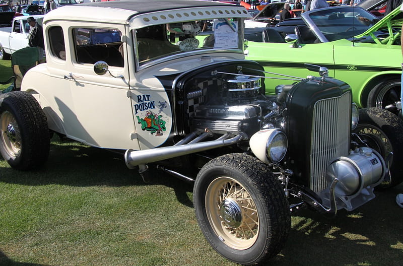 1930 Ford Model A, Ford, headlights, black, grills, silver, nickel, graphy, engine, beige, tires, HD wallpaper