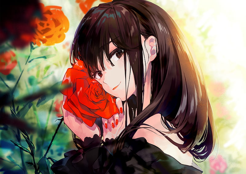 Anime, Girl, Black Eyes, Black Hair, Flower, Rose, HD wallpaper | Peakpx
