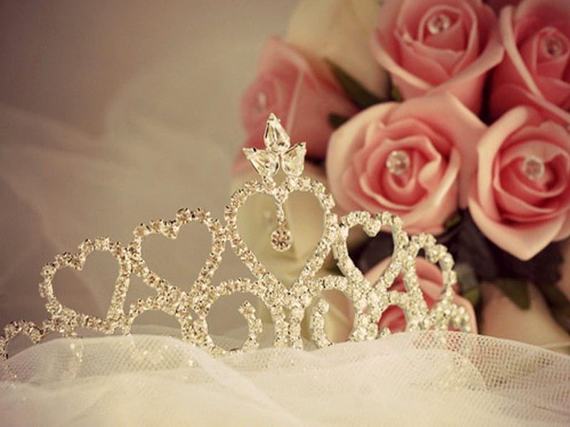 ~ Princess Tiara~, jems, veil, bride, wedding, diamonds, pink roses, softness, beauty, tiara, HD wallpaper