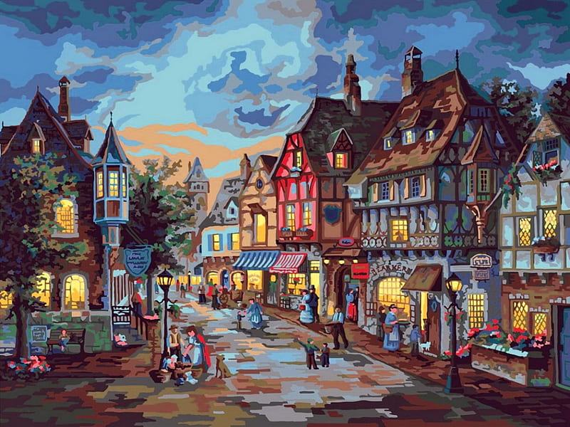 Barrington street, shop, colorful, art, cafe, town, dusk, bonito, lights, markets, people, painting, summer, evening, street, HD wallpaper