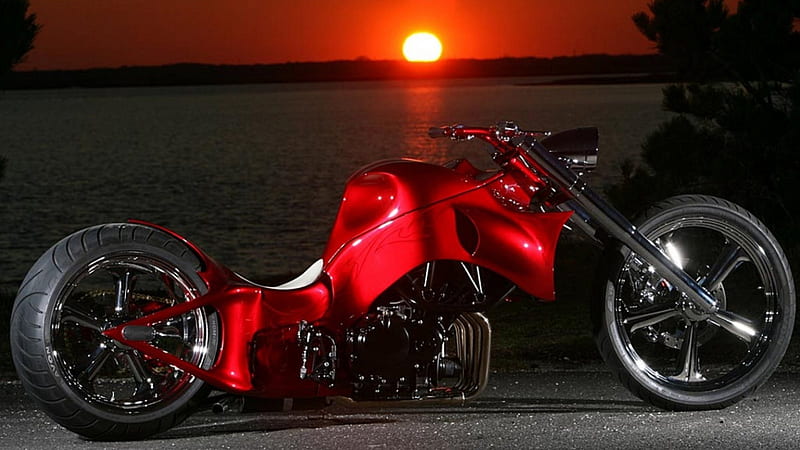 Red Dragon, lakes, vehicles, motorcycles, choppers, bikes, sunset, HD wallpaper