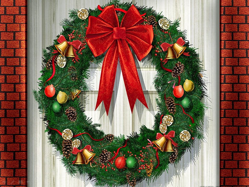 Xmas wreath on the door, wreath, holiday, christmas, door, HD wallpaper