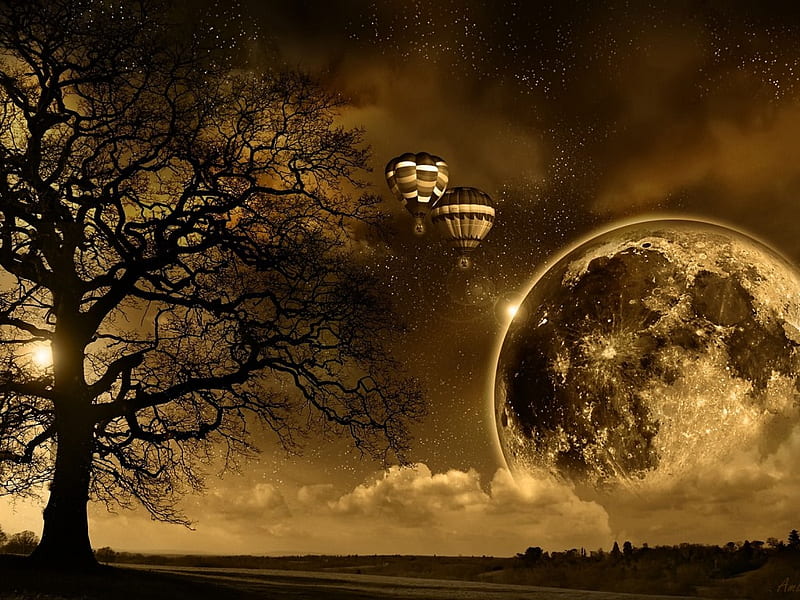 Dreamy, sepia, tree, moon, nature, dream, HD wallpaper