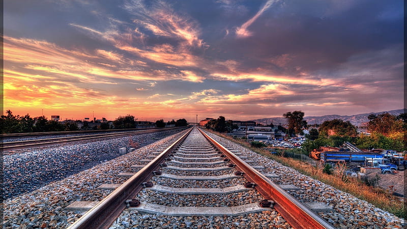 straight train tracks entering a city r, junk yards, pebbles, r, sunset, clouds, tracks, HD wallpaper