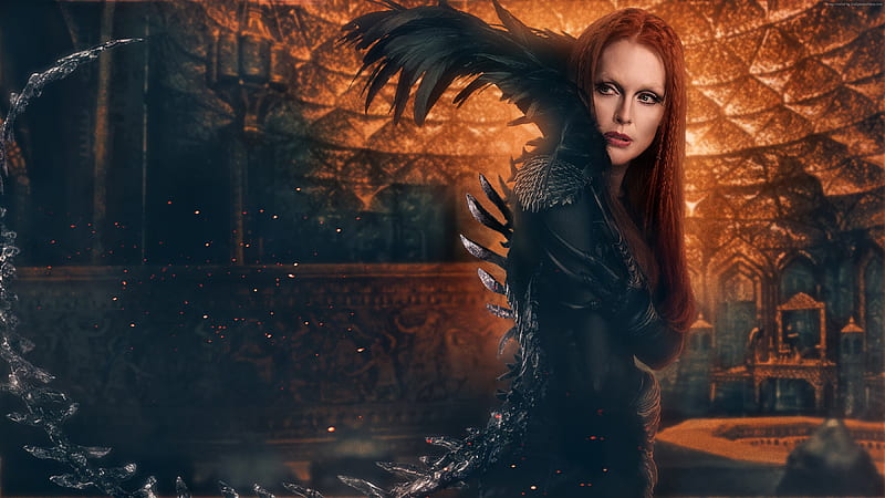 Seventh Son (2014), Julianne Moore, poster, movie, redhead, queen, seventh son, black, woman, fantasy, actress, feather, HD wallpaper