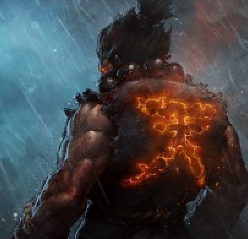 Akuma, red, male, fighter, Street Figther, video games, man, fire, flames, rain, night, HD wallpaper