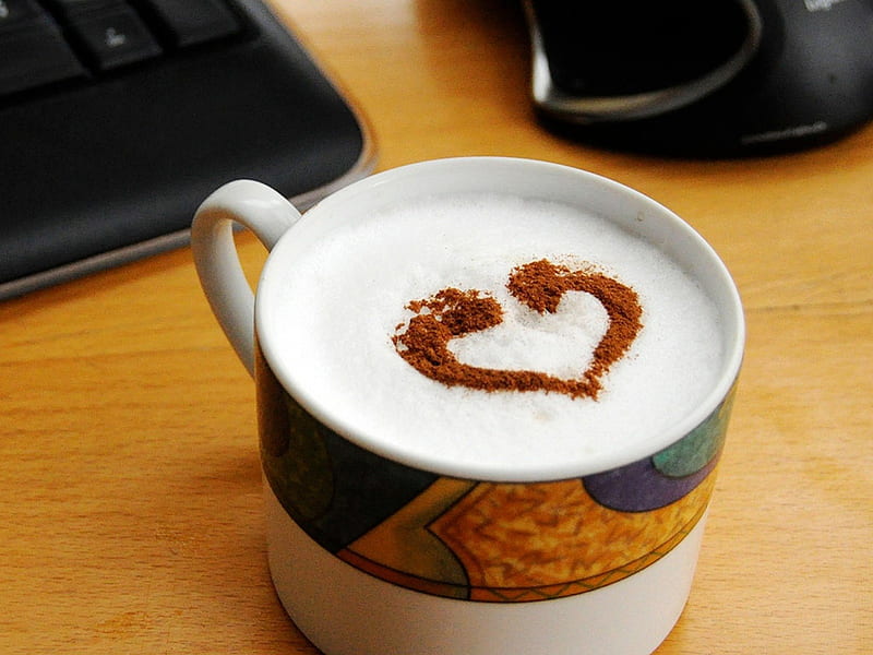 Good Morning, tables, foam, drinks, corazones, laptops, coffee, love, work, morning, desk, HD wallpaper
