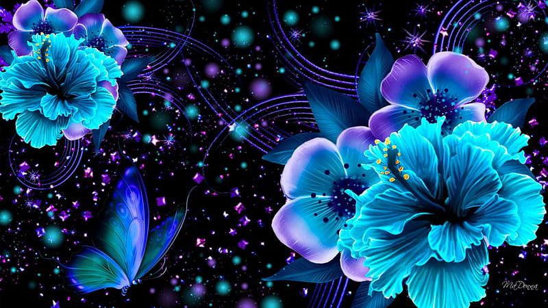 Harmony of Colors, dramatic, shine, butterflies, spring, lavender, lights, sparkles, cyan, purple, summer, flowers, spatters, blue, HD wallpaper