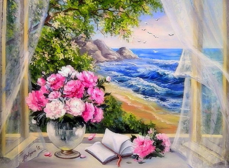 Flower Seaside, oceans, flying birds, window, love four seasons, attractions in dreams, sea, paintings, paradise, summer, flowers, seaside, HD wallpaper
