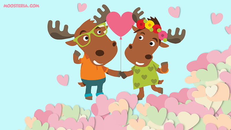 Moose Loving Couple, moose, lovely, corazones, cople, cute, lovers, couple in love, lovely moose love, heart, cute animals, HD wallpaper
