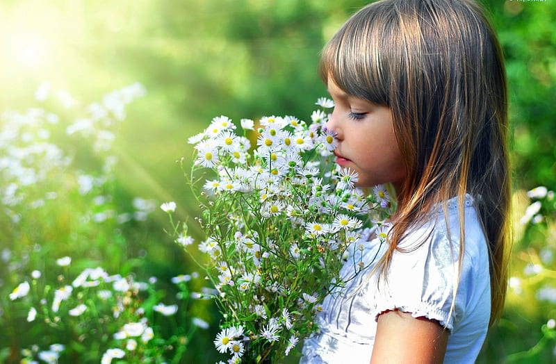Girl and Flowers, Girl, Flowers, Child, Smelling, HD wallpaper