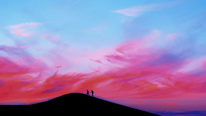 Couple Walking Over Moutain, couple, mountains, artist, artwork, digital-art, HD wallpaper