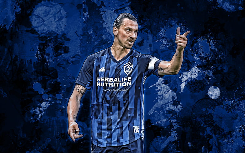 Zlatan Ibrahimovic, blue paint splashes, Los Angeles Galaxy FC, swedish footballers, soccer, MLS, Ibrahimovic, grunge art, LA Galaxy, creative, Ibra, HD wallpaper