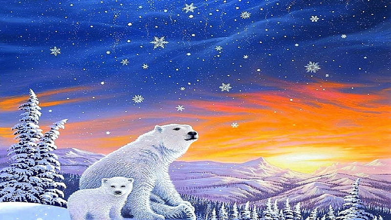 The Snow Bears, mama, bears, snow, baby, HD wallpaper