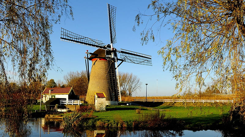 Dutch Farm, rural, houses, wind-mill, farm, water, green, nature, river, field, HD wallpaper