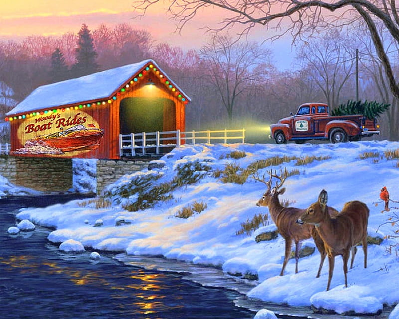 Holiday Traditions, holidays, bridges, Christamas, creek, attractions in dreams, xmas and new year, deer, winter, paintings, snow, pickup, HD wallpaper