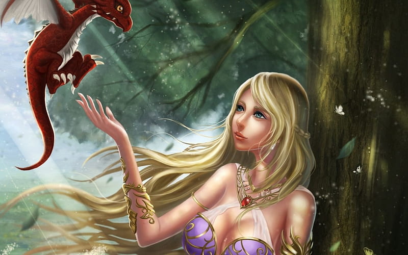Come to me!, red, forest, art, wings, blonde, woman, dragon, fantasy, girl, pink, creature, HD wallpaper