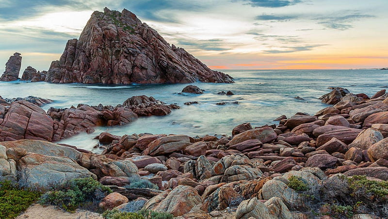 sugarloaf rock at seasore r, rocks, shore, mound, r, clouds, sea, HD wallpaper