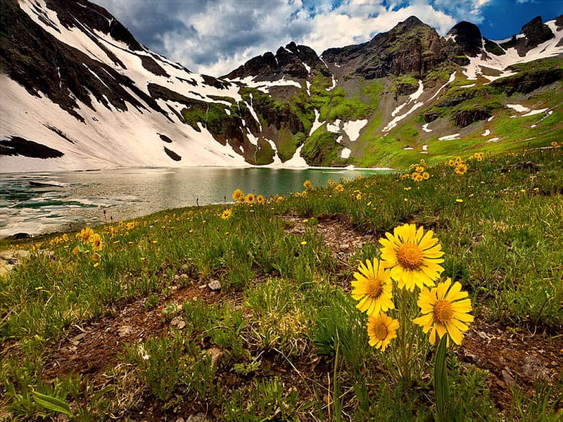 Mountain lake, grass, bonito, sky, clouds, snowy, lake, round, mountain ...