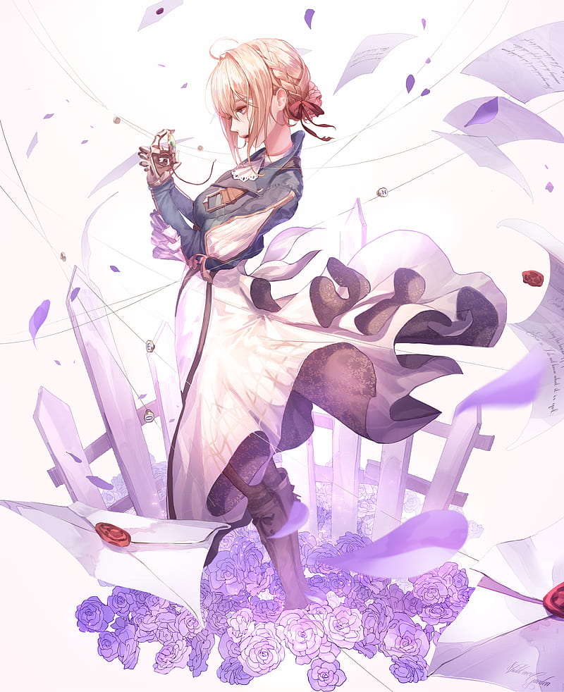 anime, anime girls, blonde, Violet Evergarden, flowers, HD phone wallpaper