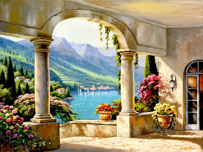 Balcony view, art, view, Sung Kim, balcony, bonito, que, lake, arch, painting, flowers, coast, HD wallpaper
