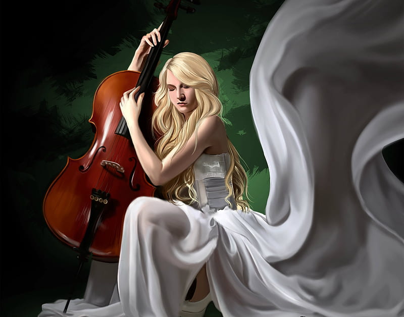 Girl in a white Dress with a cello, cello, art, fantasy, dress, girl, music, white, HD wallpaper