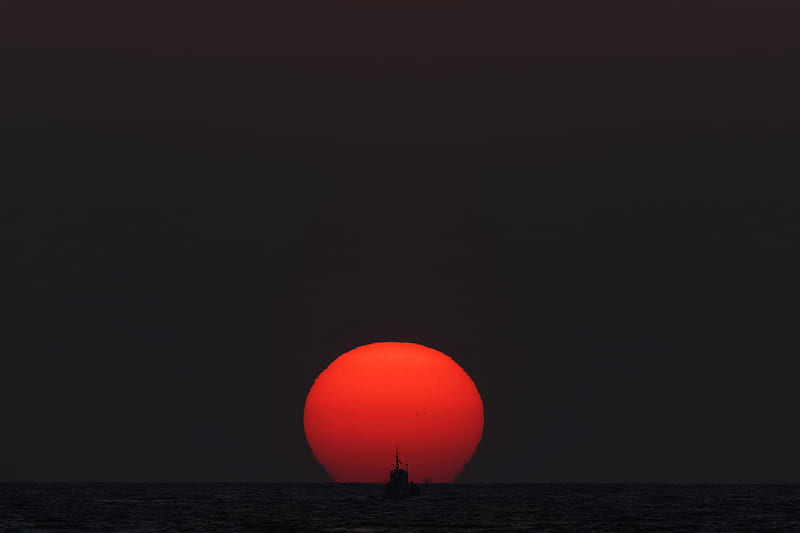 sunset, sun, sea, ship, horizon, HD wallpaper