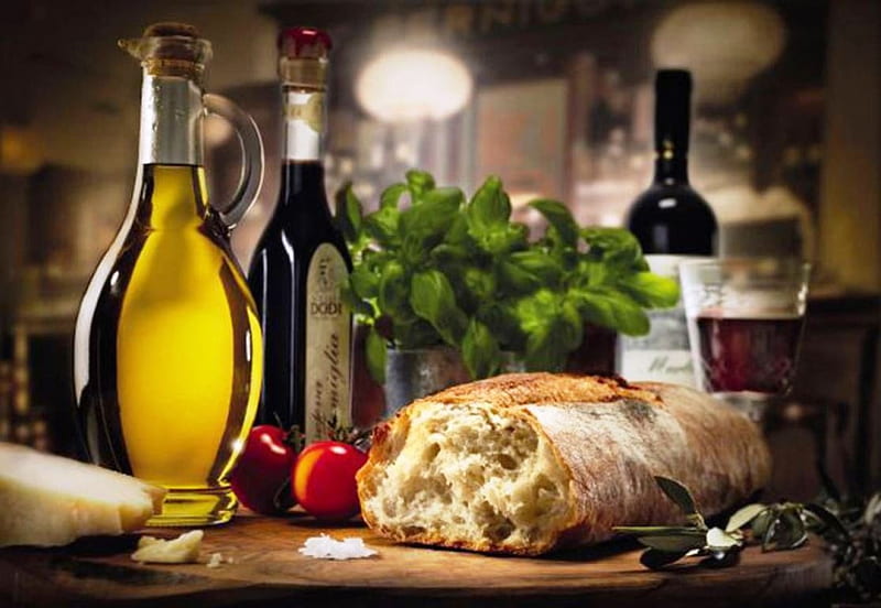 Bread & Wine, still life, tomato, oil, painting, olives, basilic, artwork, HD wallpaper