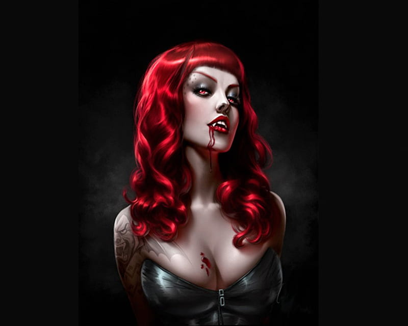 VAMPIRE2, black, red head, vampire, blood, HD wallpaper