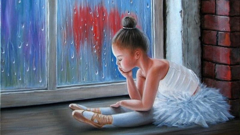 Gloomy Little Ballerina, ballerina, little, girl, sad, gloomy, sitting, window sill, shoes, HD wallpaper