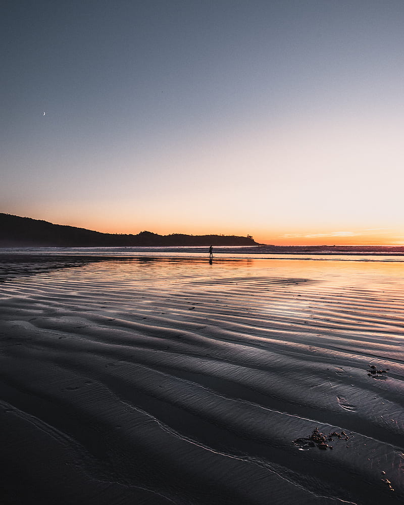 ocean, horizon, sunset, silhouette, shore, HD phone wallpaper