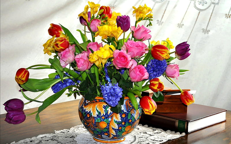 Spring Still Life, table, book, vase, box, roses, still life, doilies, flowers, tulips, Spring, HD wallpaper