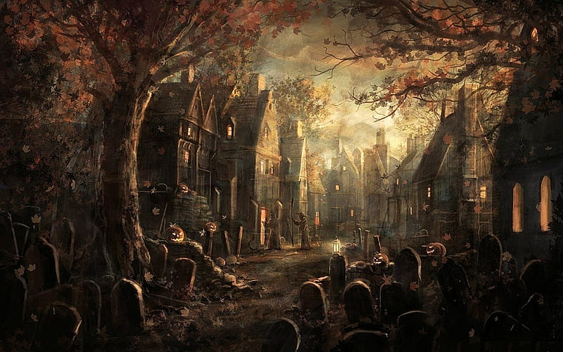 The Cemetery, halloween, town, houses, tombstones, dark, trees, night, HD wallpaper